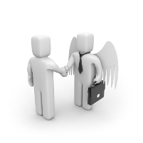 Two cartoon figures shaking hands, one with angel wings and a briefcase