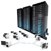 Three server racks linked to a network of desktop computers