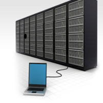 Server rack connected by cable to a laptop